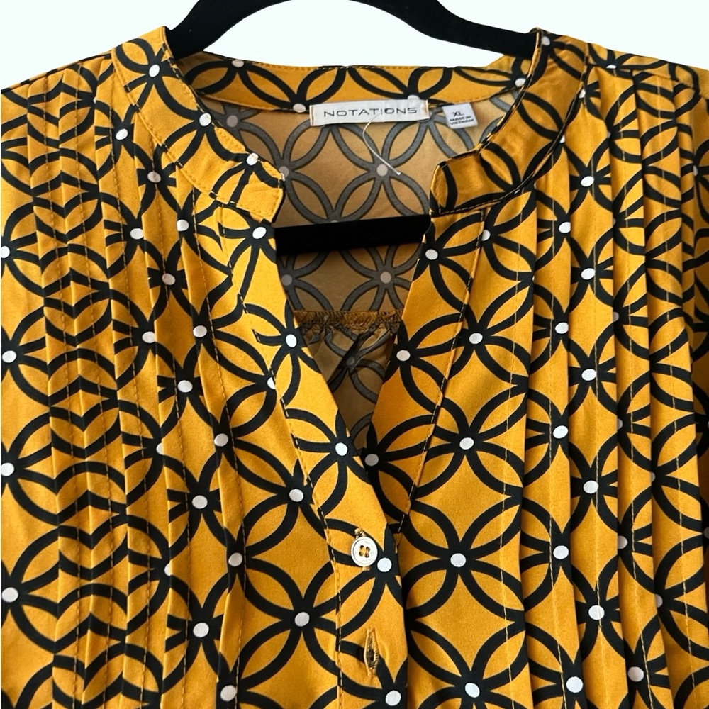 Notations Black and Gold Pleated Blouse with Mandarin Collar